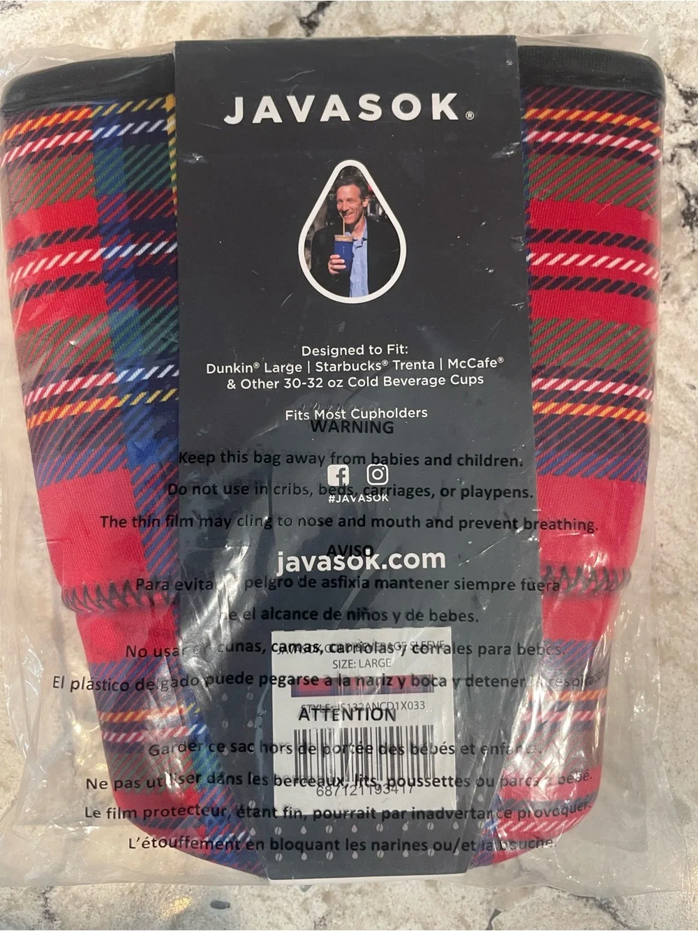 JAVASOK Red Plaid “Scottish Tartan” Tumbler/Cold Cup Sleeve/Koozie, Large